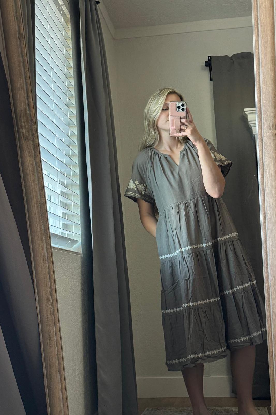 Olive Embroidered Tier Midi Dress