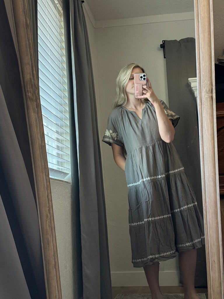 Olive Embroidered Tier Midi Dress