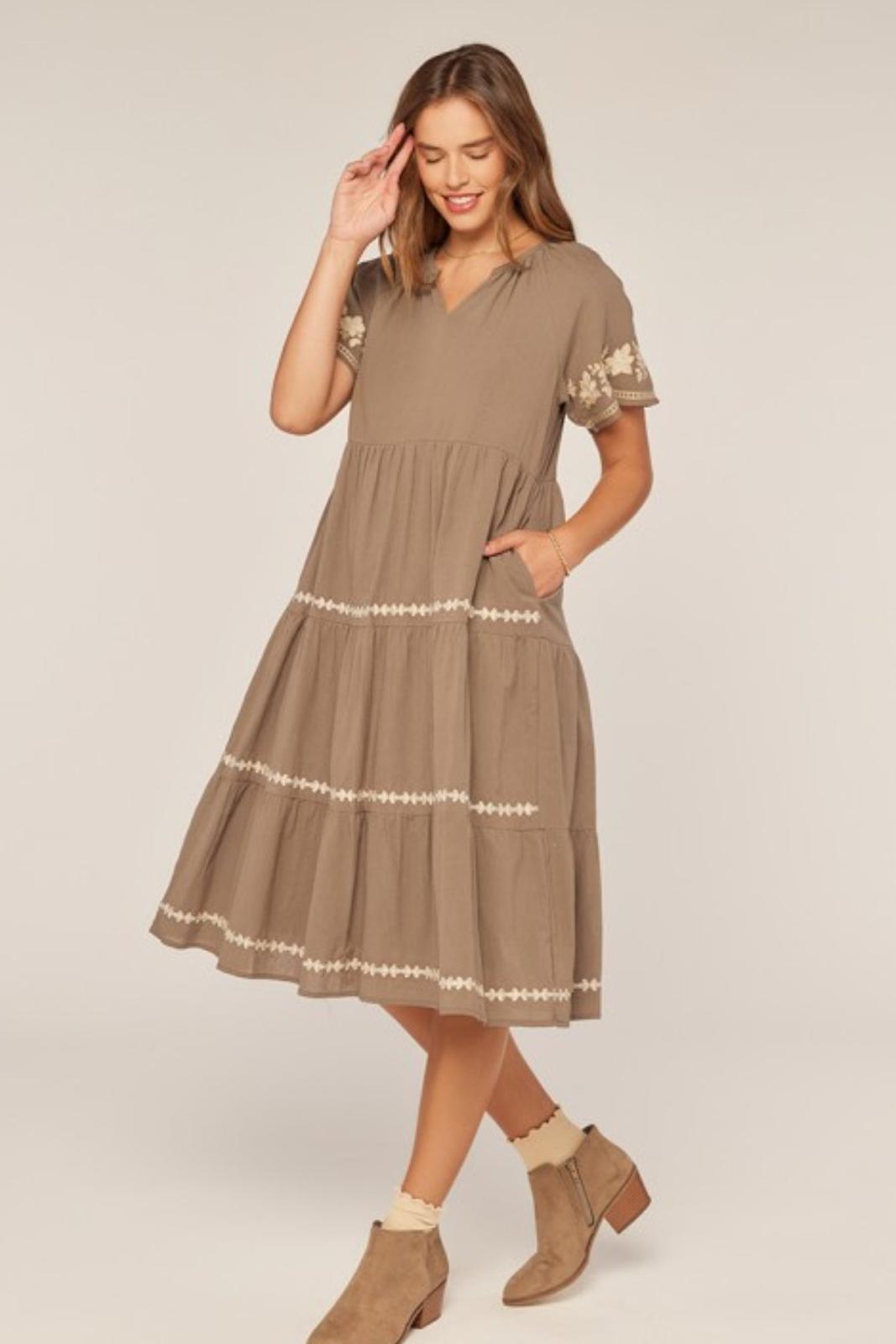 Olive Embroidered Tier Midi Dress