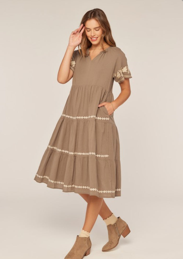 Olive Embroidered Tier Midi Dress