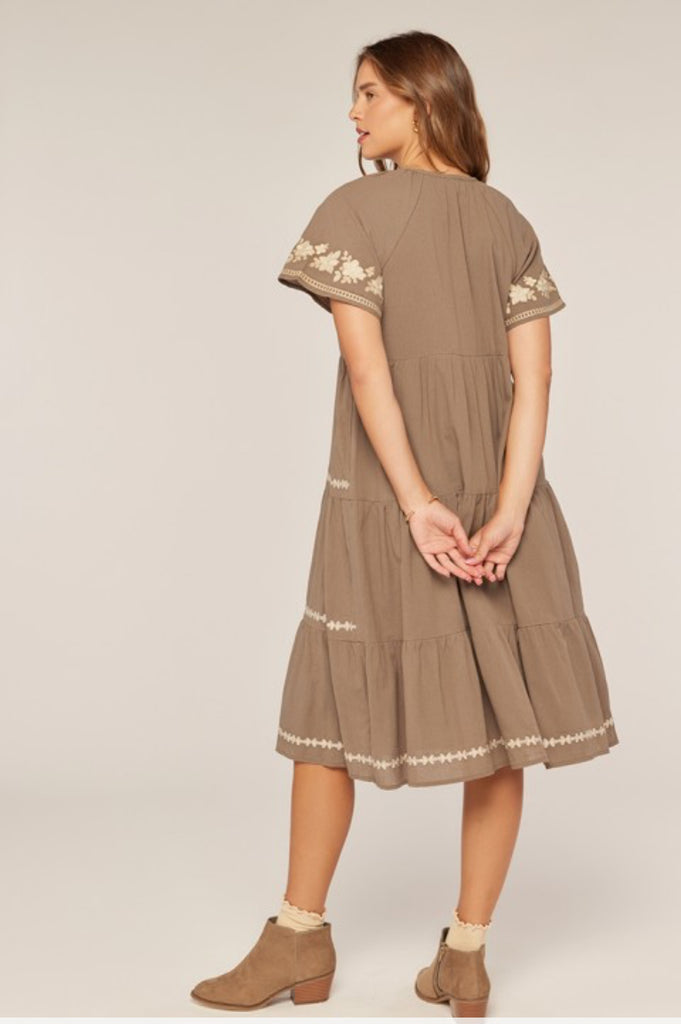 Olive Embroidered Tier Midi Dress