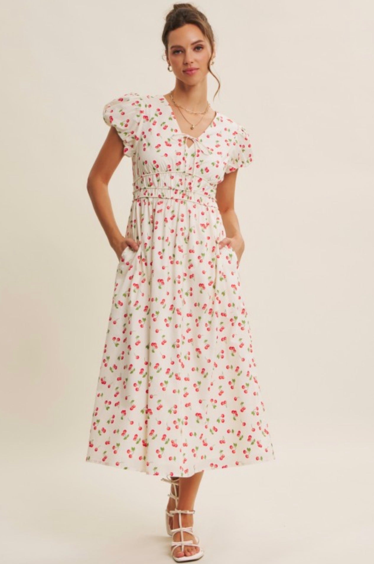 Cherry Print Midi Dress S Cherry Print Midi Dress S