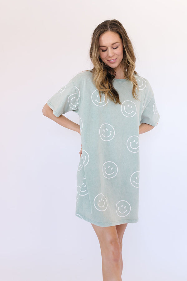 Happy To Be Here T-Shirt Dress in Sage
